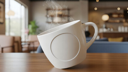 Obraz premium Hot Coffee Mug in Relaxed Cafe Environment. Comfort Drink Scene with Steam Effect.blur background