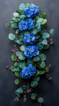 Cascade of vibrant blue hydrangeas elegantly entwined with soft green eucalyptus leaves, creating delicate and natural floral arrangement against dark, textured background, evoking sense of serene bea
