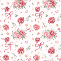 Seamless watercolor pattern with pink roses, bows, hearts, leaves and stars. Romantic pastel floral background perfect for Valentine&rsquo;s Day, wedding stationery, gift wrap, textiles, and feminine design