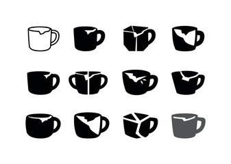 Fototapeta premium Chipped Mug Logos. Chipped Mug. Icon set. Set Logo of chipped mug: rustic broken edge. harmonious logo variations of the same emblematic concept, each with