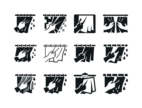 Shower Curtain Icons. Replacing shower curtain. Icon set. Set Logo of replacing shower curtain: removing old shower curtain. harmonious logo variations of the