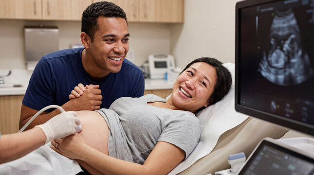 Pregnant Asian woman and Mixed-Race partner smiling at ultrasound monitor during medical exam in clinic.