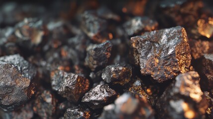 Raw metal ores clustered in an industrial setting with a focus on texture and surface details during daylight hours
