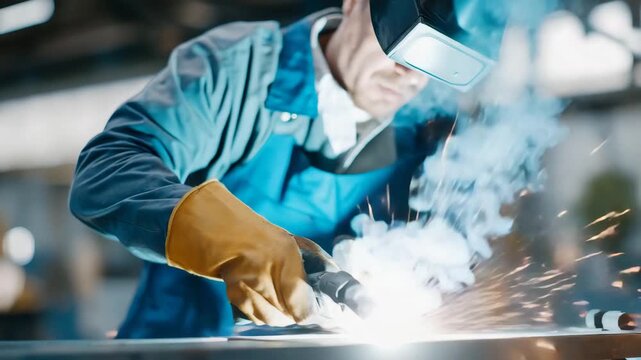 A close-up workshop moment captures active welding, with bright sparks flying as metal is fused together, emphasizing craftsmanship, safety gear, and industrial skill. cinematic color correction,