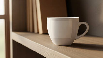 Obraz premium White Mug Styled on Shelf with Books. Home Interior Coffee Still Life Concept