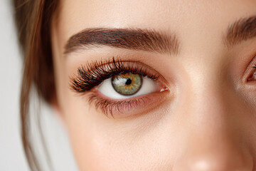 Naklejka premium Close-up of a young woman's eye showcasing beautiful green iris and long eyelashes.