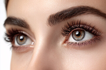 Obraz premium Close-up of a woman's striking brown eyes with long lashes against a neutral background.