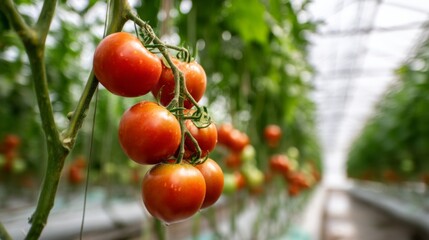 Tomato vine growing inside greenhouse with red ripe fruit hanging among green leaves in clear bright environment during day