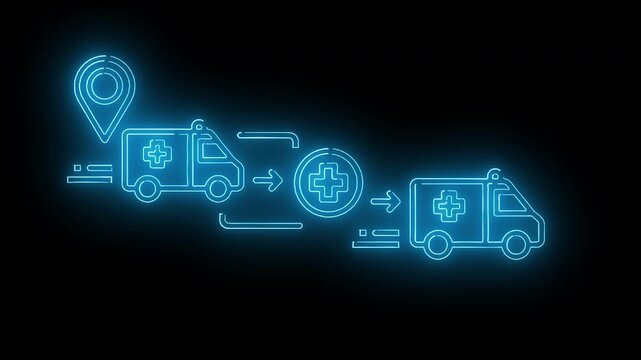 Neon blue graphic illustrating a delivery process with trucks and a location pin on a black background.