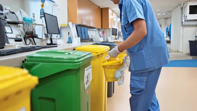 Closeup on healthcare worker discarding regular trash in yellowlidded bin while undercounter bins labeled for sharps and recyclables fade softly into background.