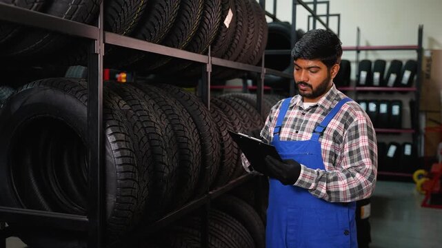 Indian mechanic checking tire inventory in auto repair shop
