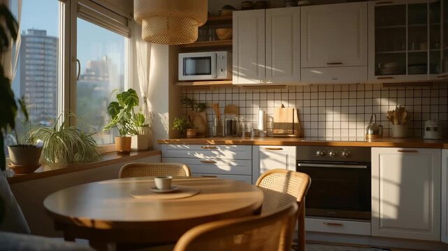 A tiny kitchen filled with modern appliances, sleek cabinets, and a charming breakfast nook that utilizes every inch to create a warm and functional cooking area. cinematic color correction,