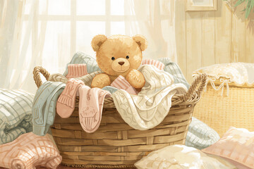 Cozy Teddy Bear in Wicker Basket with Pastel Laundry, Child-Friendly Illustration, Soft Textures, Warm Sunlit Room
