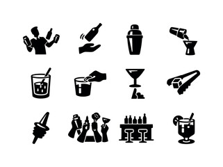 Obraz premium Bartending Icons Collection. Bartending Skills. Solid icon set of Bartending Skills: flair bartender, bottle flip, cocktail shaker, jigger pour, mixing glass,
