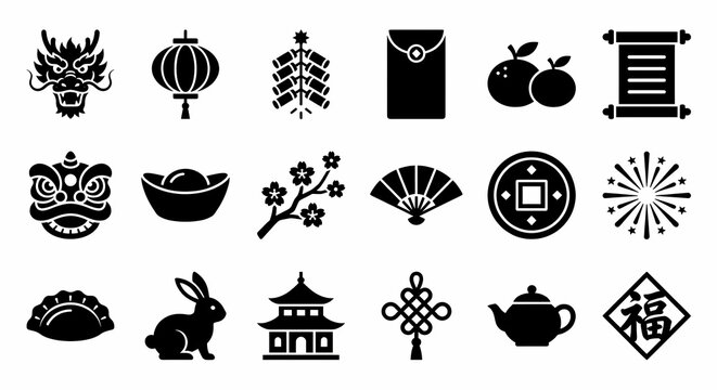 Chinese New Year lunar festival icon set featuring dragon, lantern, and lucky symbols