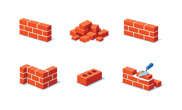 Colorful Brick Icons. Construction bricks. Isometric flat vector icons set of construction bricks: brick wall section, pile of bricks, brick wall with joint