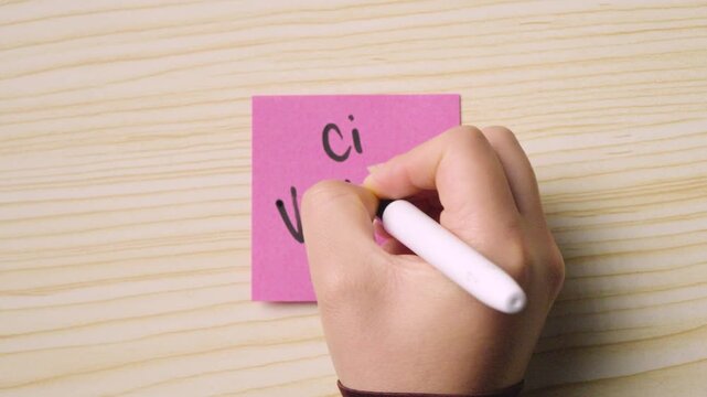 Top view of a hand writing the Italian phrase "Ci Vediamo" (See you) and a smiley face on a pink adhesive note over a light wood surface.
