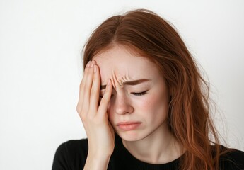 A young woman with a headache.A woman with long red hair holds her temple, wrinkles on her forehead, closed eyes, a light background, the concept of a headache or migraine,without indicating a holiday