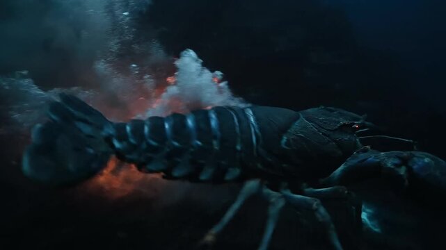 First person view of a terrifying giant crustacean monster lurking on the dark ocean seabed
