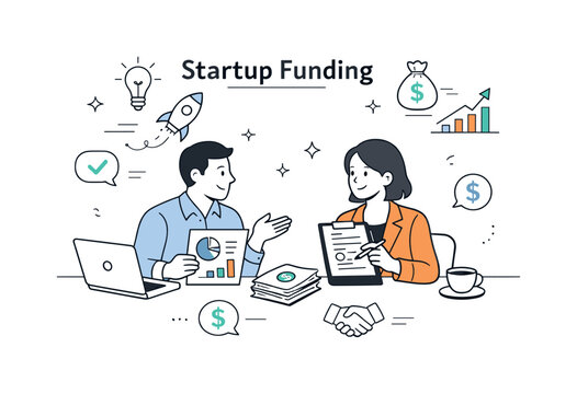 Entrepreneurs Discuss Funding. Startup funding concept. Entrepreneurs discussing investment documents and charts at a table, calm and professional interaction.