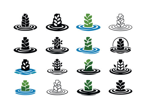 Urban Farming Logos. urban farming riptides. Icon set. Set Logo of urban farming riptides: hydroponic ripple tower. harmonious logo variations of the same
