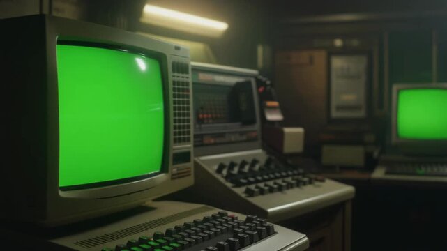 retro,Vintage computer lab with green screens
