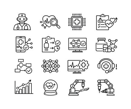 AI Healthcare Icons. AI in Healthcare. Line icon set of AI in Healthcare: robot doctor, AI health analysis, machine learning in medicine, patient outcome