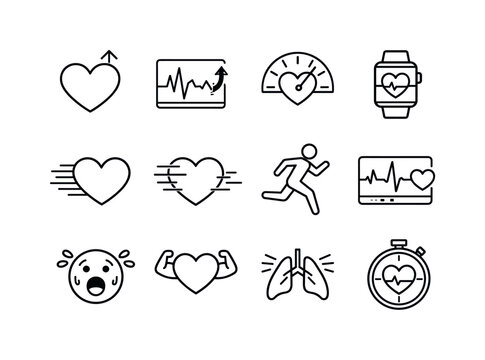 Increased Heart Rate Icons. Increased heart rate. Line icon set of Increased heart rate: heart icon with up arrow, bpm chart, cardio meter, fitness watch,