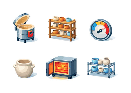 Ceramic Kiln Icons. Ceramic Firing. Isometric flat vector icons set of Ceramic Firing: kiln oven, stacked pottery shelves, temperature gauge, bisque ware pot,