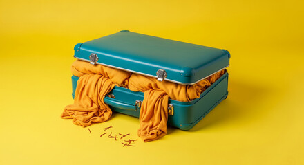 Open turquoise suitcase filled with yellow fabric, overflowing and falling out, set against a yellow background, suggesting overpacking or travel