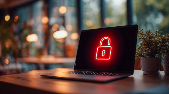 Laptop displaying glowing red unlocked padlock symbol on screen in cozy workspace with blurred background symbolizing cyber security and data access concepts