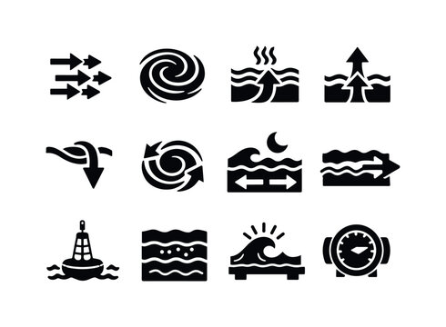 Ocean Current Icons. Ocean currents. Solid icon set of ocean currents: current arrows, gyre swirl, thermal flow, upwelling icon, deep current path, eddy