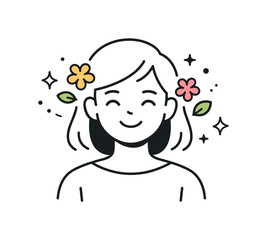 Obraz premium Springtime Smiling Avatar. Spring avatar. A smiling character with light clothing and small floral elements around the head or shoulders. Fresh mood, renewal