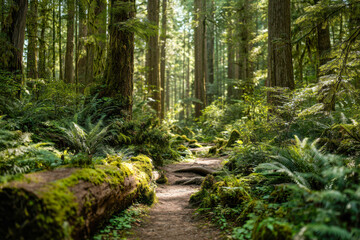 Fototapeta premium Serene forest trail winding through lush moss-covered fallen logs and vibrant green ferns under tall sunlit trees in a peaceful woodland setting
