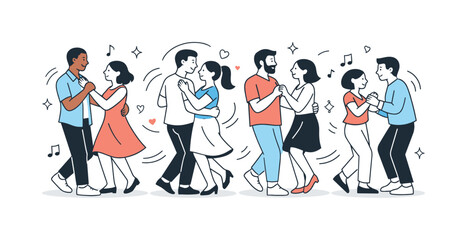 Fototapeta premium Joyful Group Dance. Dancing together moment. A group of people gently dancing, sharing smiles and relaxed movements. Abstract motion lines and shapes suggest