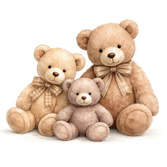 Obraz premium Watercolor teddy bears family with small gray bear, nursery clipart isolated on white