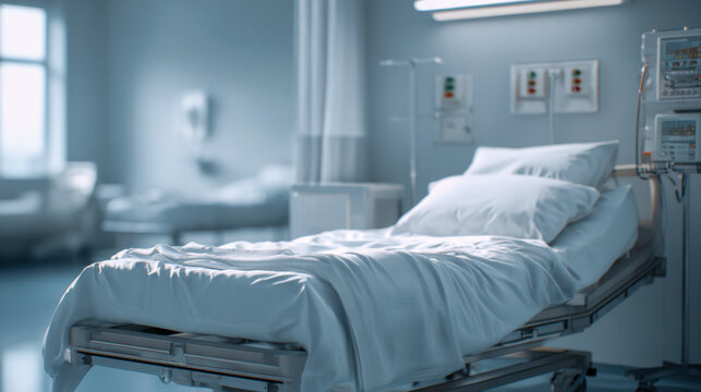 Empty hospital room with neatly made bed and modern medical equipment in a calm and sterile healthcare environment setting