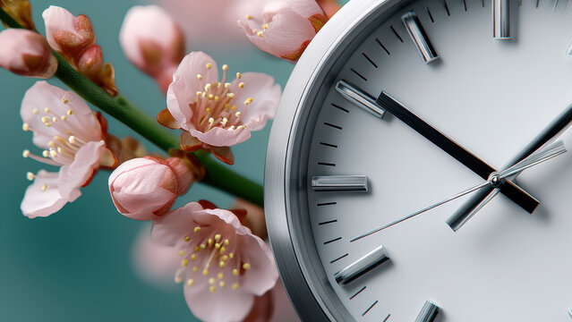 Spring forward time change concept with modern clock and blooming tree branches. Clock turn forward one hour in spring