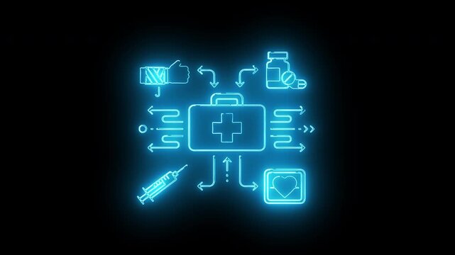 Neon-lit medical icons and symbols arranged around a first aid kit on a black background with a blue glow.