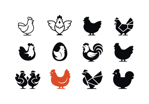 Chicken Icon Set. Chickens. Icon set. Set Logo of chickens: rural poultry emblem. harmonious logo variations of the same emblematic concept, each