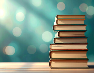 Stack of old books on table.