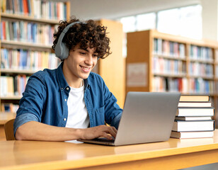 Young Man Studying with Laptop and Books.