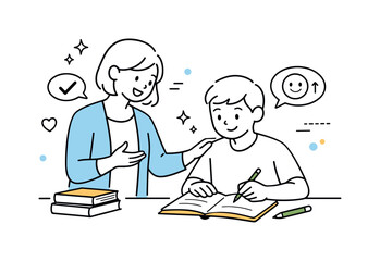 Encouraging Educational Feedback. Teacher student feedback moment. A teacher gently giving feedback while a student reviews notes or homework, suggesting
