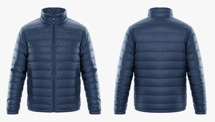Blank template blue down jacket with zipped, front and back view isolated on white background. Mockup winter sport jacket for your design