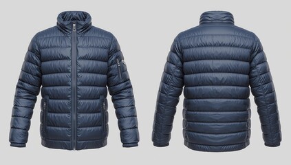 Blank template blue down jacket with zipped, front and back view isolated on white background. Mockup winter sport jacket for your design