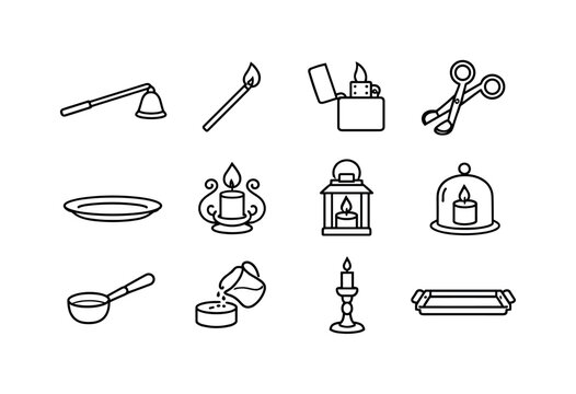 Candle Accessory Icons. Candle Accessories. Line icon set of Candle Accessories: candle snuffer, matchstick, lighter, wick trimmer, candle plate, decorative