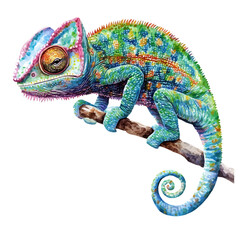 Obraz premium Chameleon, watercolor artwork with intricate patterns and vibrant, isolated on a white background.
