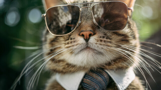 Stylish tabby cat wearing reflective sunglasses and a necktie, showcasing a confident and cool attitude in a vibrant outdoor setting with soft bokeh background