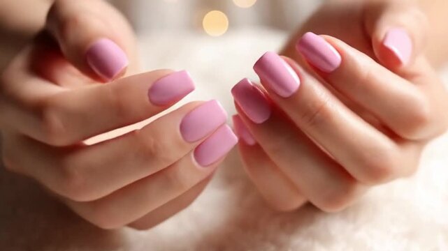 Closeup of two hands with pink nail polish squareshaped nails