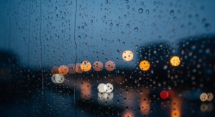 Raindrops on a glass window pane with blurred amber and red city lights in the background.